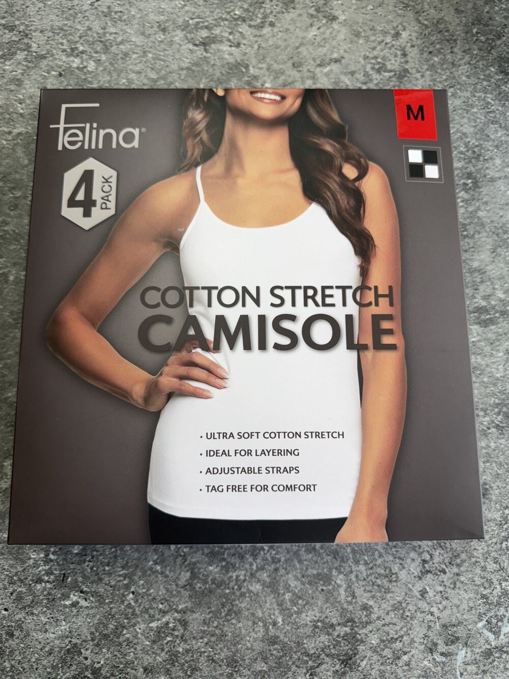 Felina Women's 4-Pack Cotton Stretch Camisole Tank, Black/White/Pink, Size M